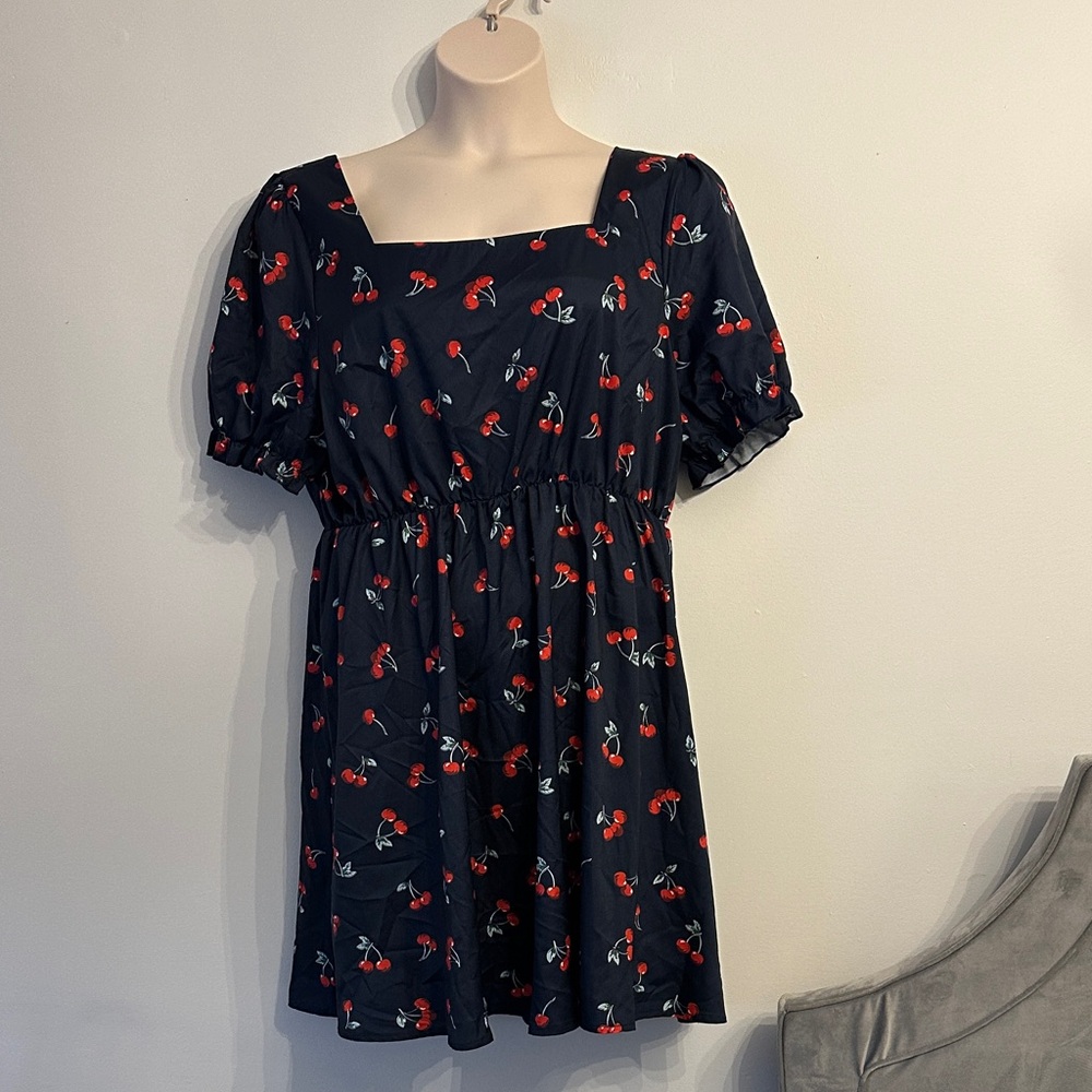 Plus size Chic Black Dress with Cherry Print - Picture 1 of 1
